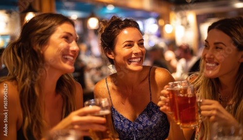 Group of three young women enjoying drinks and laughter at a lively social gathering in a vibrant indoor setting