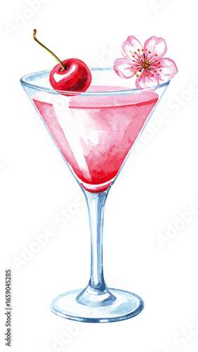 Delicate Watercolor Cherry Blossom Cocktail Illustration 