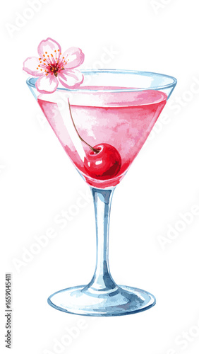 Delicate Watercolor Cherry Blossom Cocktail Illustration 