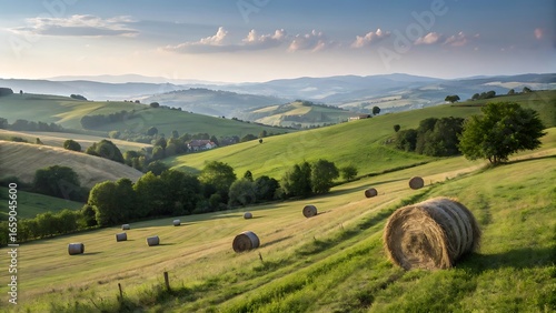Rolling green hills with hay bales under a soft blue sky at sunrise
