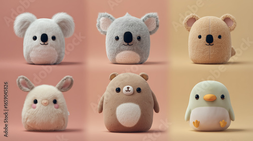 Wallpaper Mural Adorable fluffy koala, bear, bunny, and penguin plushies posing on colorful backgrounds Torontodigital.ca