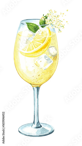 Watercolor Illustration of Elderflower Spritz Cocktail