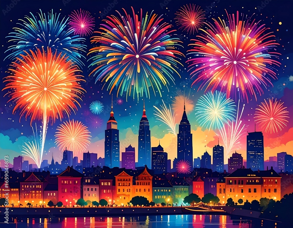 Naklejka premium Vibrant Cityscape with Bursting Fireworks Display Celebration Illustration