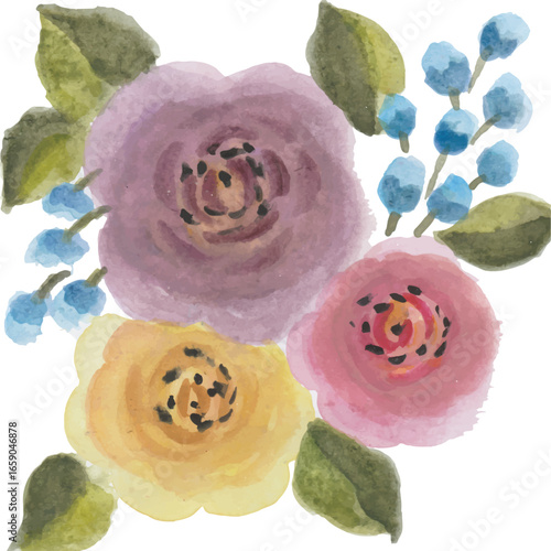 Watercolor floral arrangement with roses and berries