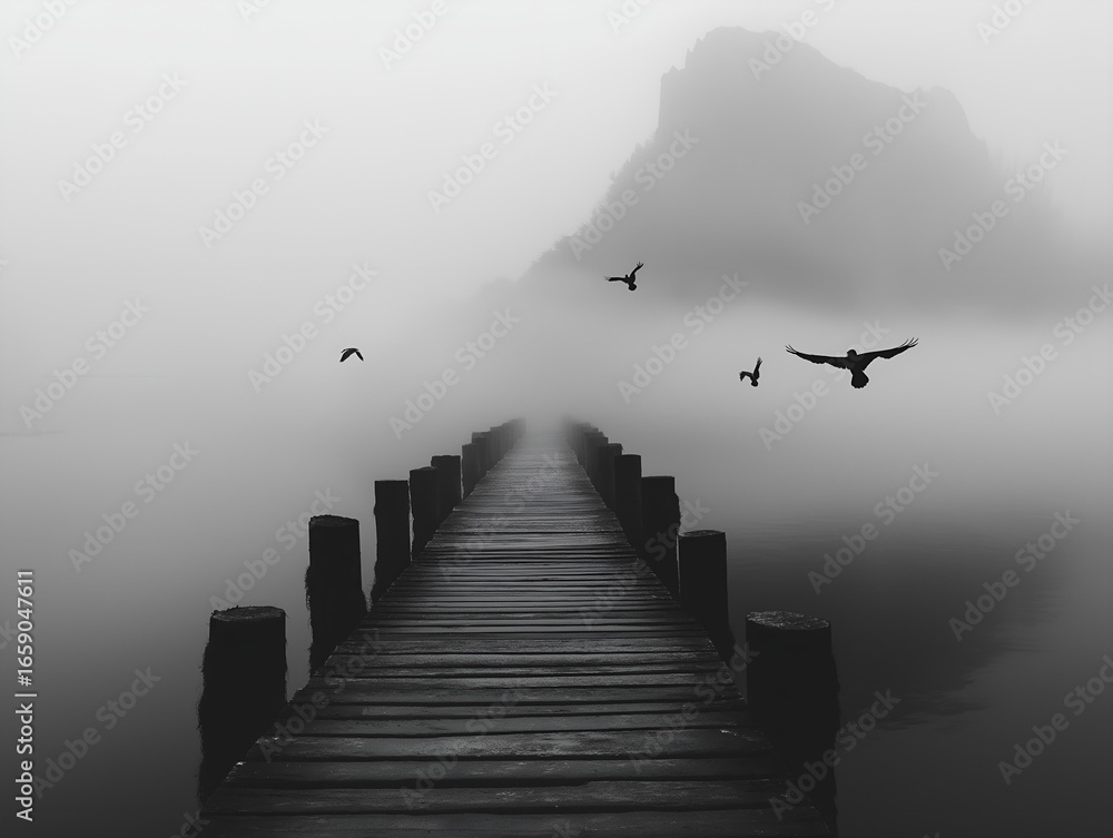 Obraz premium a pier, with details, the sky and the fog, good style, creating a beautiful image.