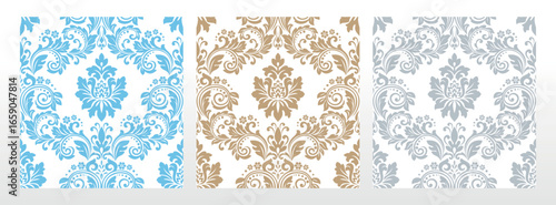 Wallpapers in the style of Baroque.. Set of colored floral ornaments. Seamless vector backgrounds Graphic patterns for fabric, wallpaper, packaging. Ornate Damask flower illustration