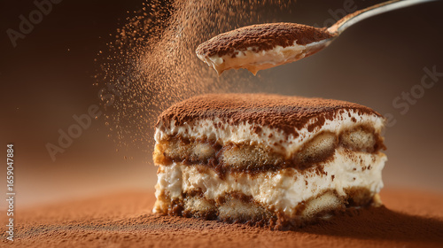 Spoon sprinkling cocoa powder on tiramisu dessert