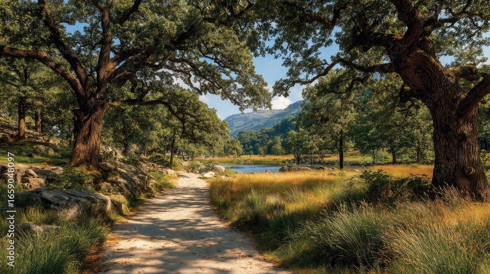 Obraz premium Sunlit path through tranquil woodland, leading to a serene lake and distant mountains