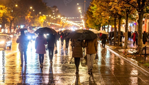 Pedestrians with umbrellas navigating a wet city street on a beautiful, reflective autumn night under glowing city lights