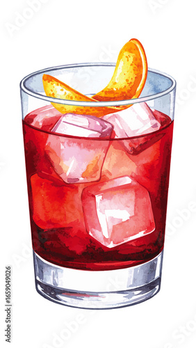 Watercolor Illustration of Negroni Cocktail – Classic Italian Drink