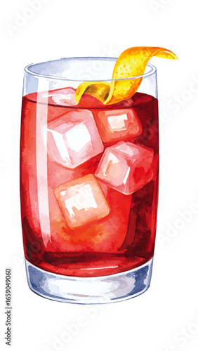 Watercolor Illustration of Negroni Cocktail – Classic Italian Drink