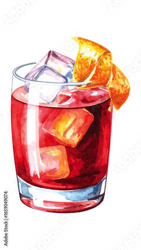 Watercolor Illustration of Negroni Cocktail – Classic Italian Drink