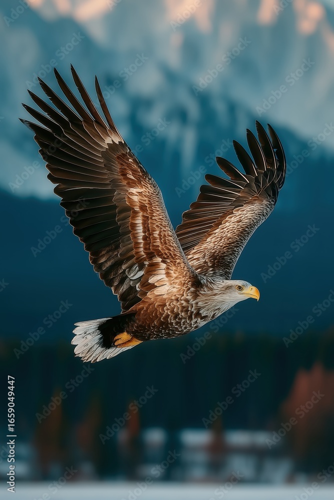 Obraz premium A majestic eagle soars through the crisp air against a backdrop of snow-covered peaks and forest below.