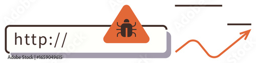 Malware warning with bug inside triangular caution sign over URL bar. Ideal for cybersecurity, online protection, virus detection, threat analysis, web safety, data privacy, simple flat metaphor
