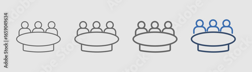 
outline icon set round table with round table symbol and three people