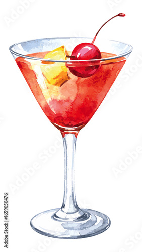 Wallpaper Mural Watercolor Illustration of Classic Manhattan Cocktail with Whiskey and Cherry Torontodigital.ca