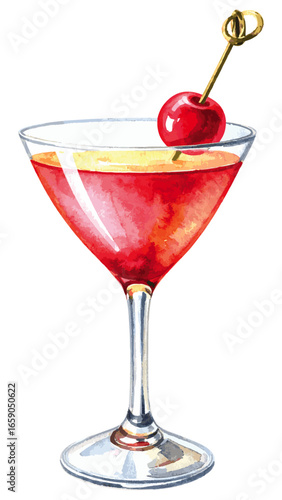 Watercolor Illustration of Classic Manhattan Cocktail with Whiskey and Cherry