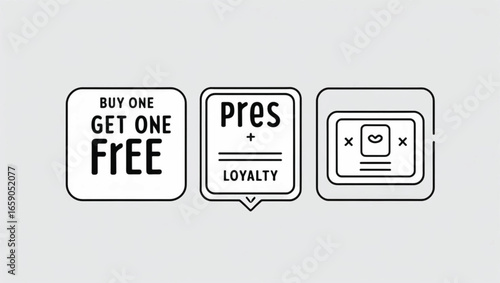 Three white graphic icons with black outlines on a light gray background buy one get one free loyalty program