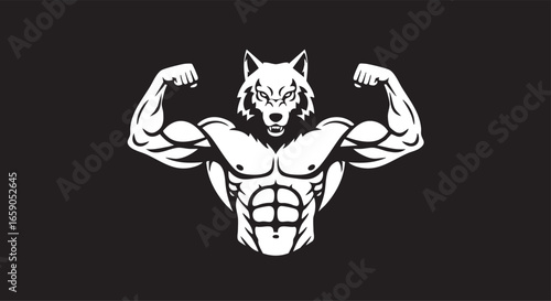Powerful wolf-headed bodybuilder flexing strong muscles, embodying strength and primal power.