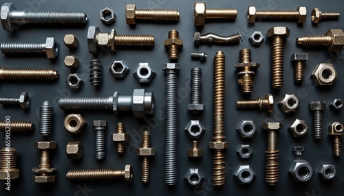Collection of various industrial hardware components including bolts, nuts, screws, artistically arranged in geometric pattern against dark background. Assortment of metal fasteners, texture,