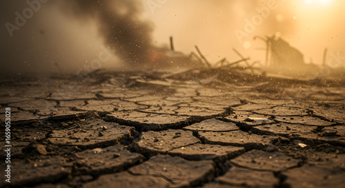 Apocalyptic scene of parched, cracked desert ground with a fiery explosion and thick smoke billowing in the background.