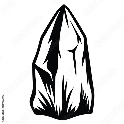Bold graphic illustration of a prominent mountain peak silhouette in black and white
