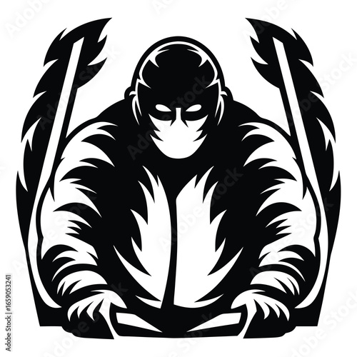Bold, stylized illustration of a heavily armored figure with feather accents