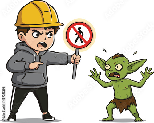 A construction worker angrily points at a frightened goblin, holding a "no trespassing" sign.