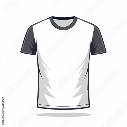 Clean flat design vector of a white and grey short-sleeved t-shirt. Minimalist apparel mockup for clothing design, isolated front view graphic icon