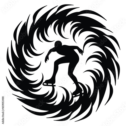 Silhouette of a Figure Skater surrounded by dynamic swirling elements of motion