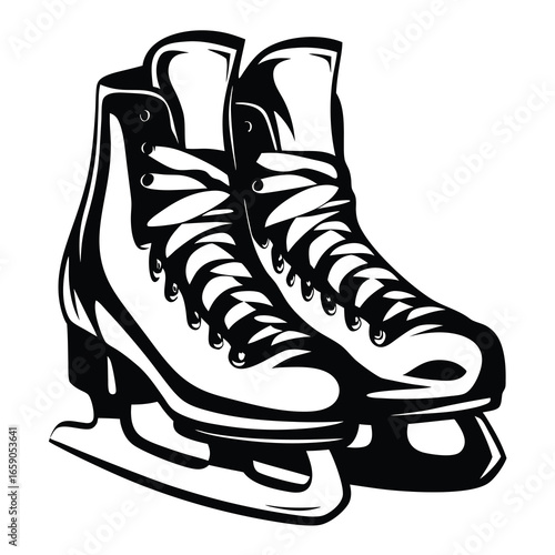 Pair of figure skates in black and white vector illustration style