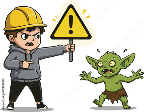 A boy in a hard hat points angrily at a goblin who is scared of a warning sign.