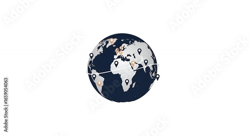 Dark Blue Globe with Location Pins and White Connection Lines on White Background