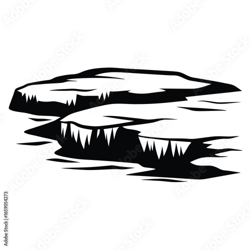 Illustration of the Antarctic landscape with floating icebergs in black and white