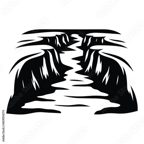 Black and white canyon landscape with river winding through the gorge