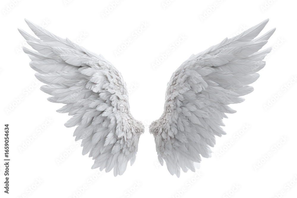 Obraz premium The wings of a white angel are shown in full view. The wings are large and spread out, giving the impression of freedom and grace. Concept of peace and serenity