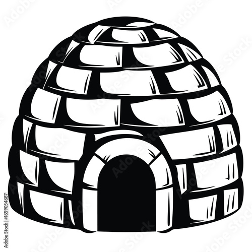 Black and white Igloo structure created from snow blocks in a stylized design
