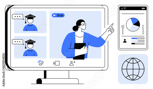 Teacher guides two graduates during online session, live interface includes graphs, profiles, and global access. Ideal for education, webinars, remote training, e-learning, connectivity guidance