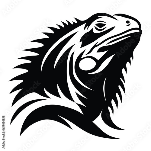 Stylized black and white iguana head profile with distinctive spiky crest