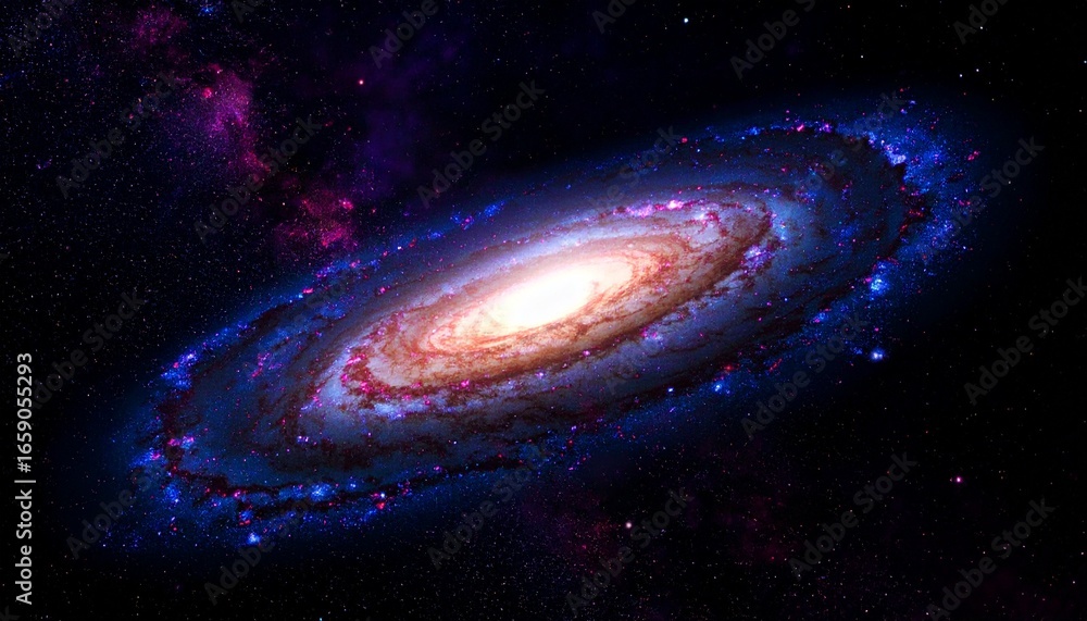 Naklejka premium Spiral Galaxy with Glowing Core and Swirling Arms in Deep Space