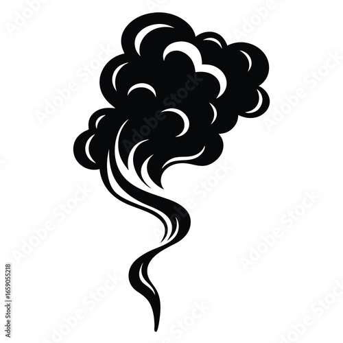 Rising plumes of dark smoke with a curling tail on white background