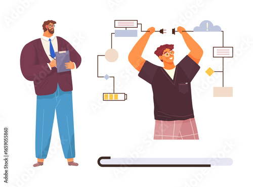 Man with clipboard supervising while another fixes flowchart connections by linking cords. Ideal for teamwork, project management, brainstorming, leadership, process optimization, strategy planning