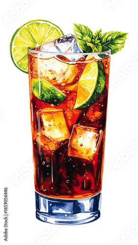 Watercolor Illustration of a Classic Cuba Libre Cocktail