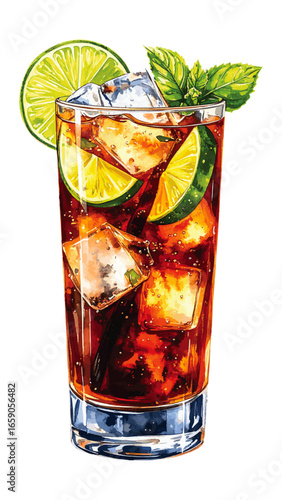 Watercolor Illustration of a Classic Cuba Libre Cocktail