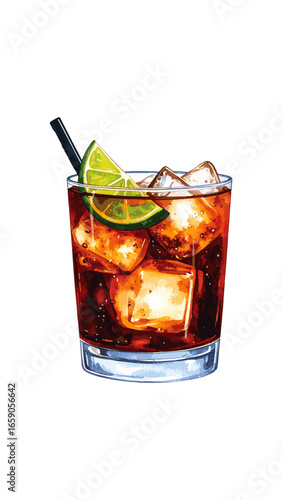 Watercolor Illustration of a Classic Cuba Libre Cocktail