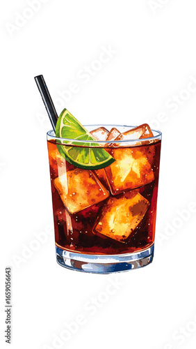Watercolor Illustration of a Classic Cuba Libre Cocktail