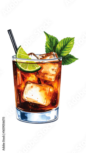 Watercolor Illustration of a Classic Cuba Libre Cocktail