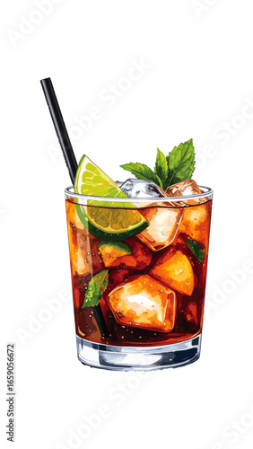 Watercolor Illustration of a Classic Cuba Libre Cocktail