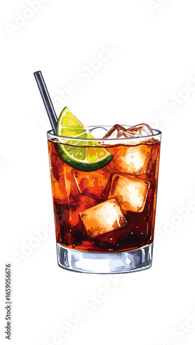 Watercolor Illustration of a Classic Cuba Libre Cocktail