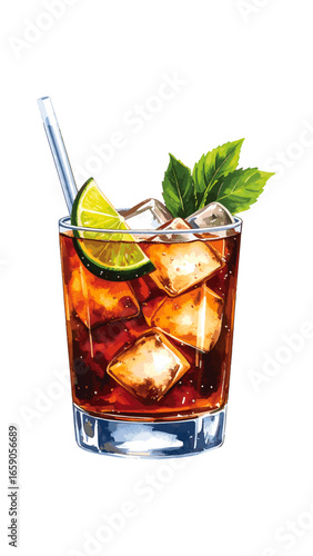 Watercolor Illustration of a Classic Cuba Libre Cocktail